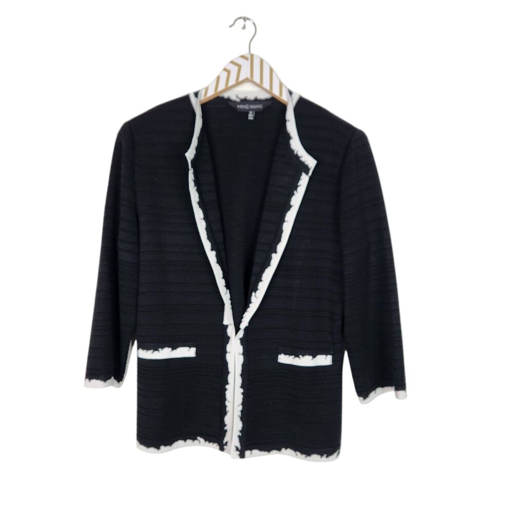 MING WANG Blazer Womens Small Black White Stripe Textured Jacket Faux Pocket